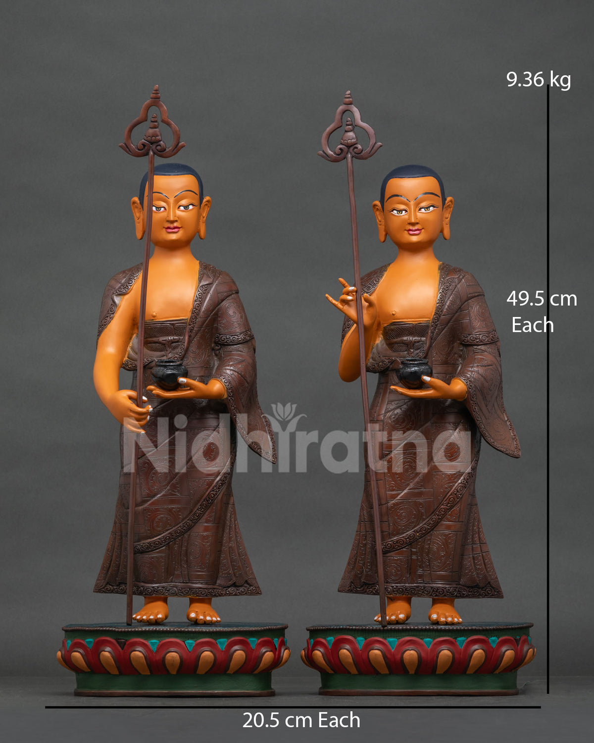 Shariputra & Maudgalyayana copper statue set, handmade Buddhist disciples Nepal
