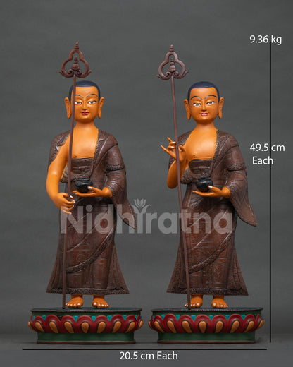 Shariputra & Maudgalyayana copper statue set, handmade Buddhist disciples Nepal
