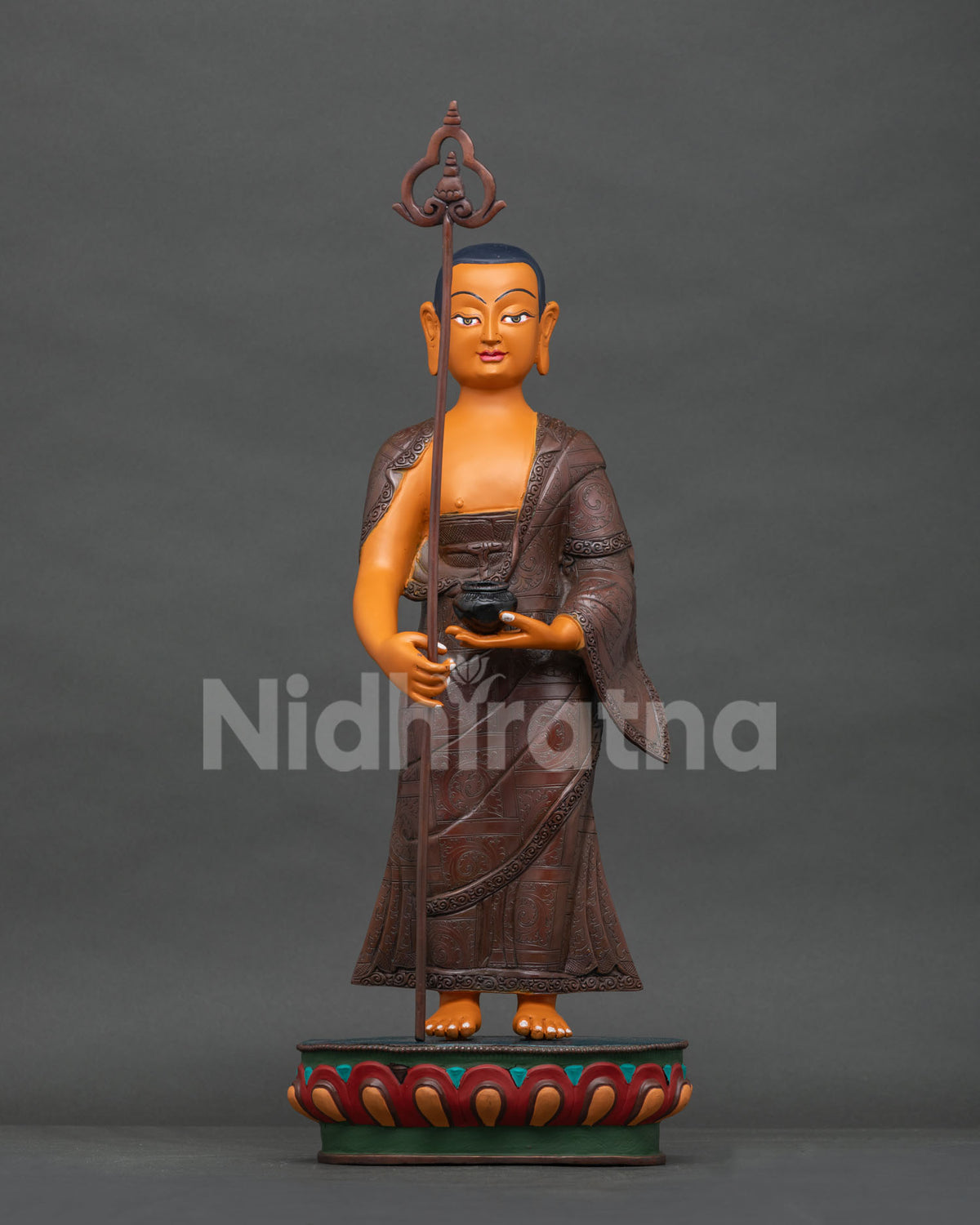 Shariputra copper statue front view, handmade Buddhist disciple statue Nepal