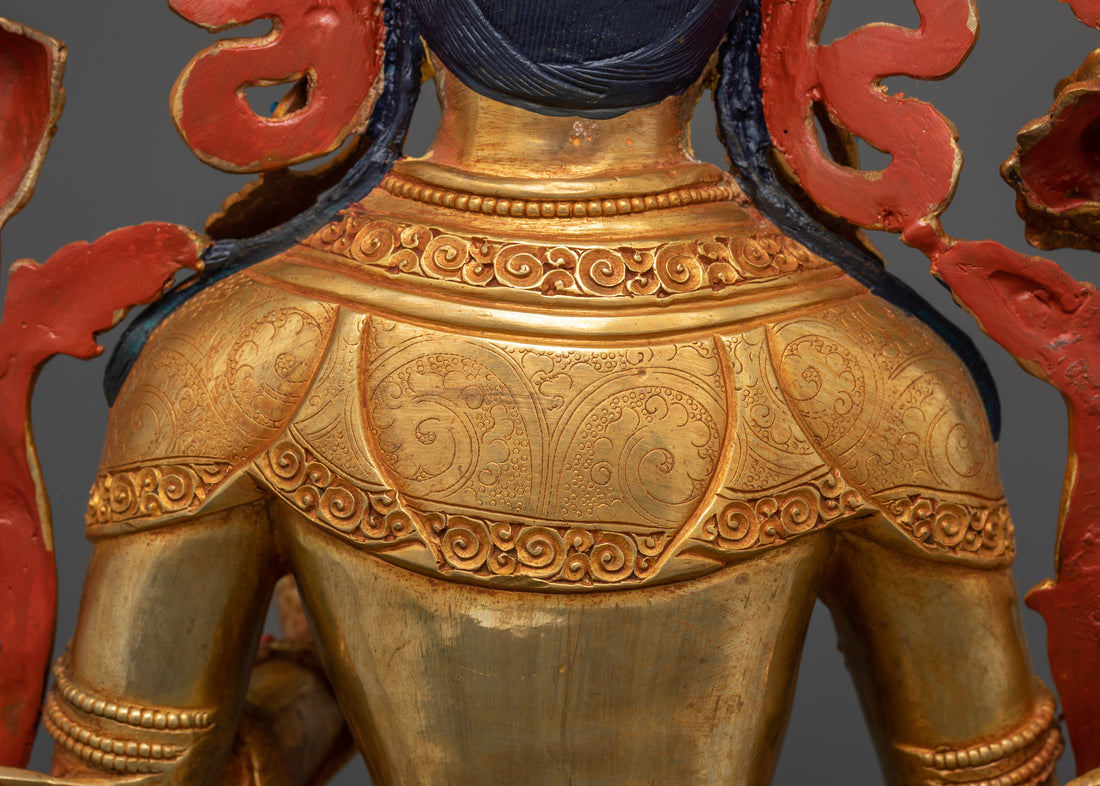 back shoulder part of white tara statue showing acrylic painted hair and robe