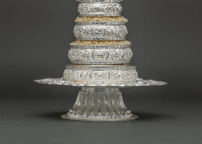 Side Angle View of Silver Mandala Offering Set Showing Ornate Scalloped Base Plate and Pedestal