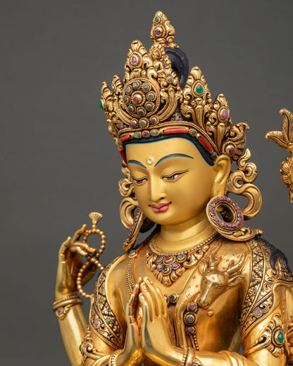 side close up chenrezig statue detailed ornaments lotus and crystal rosary sacred nepal art