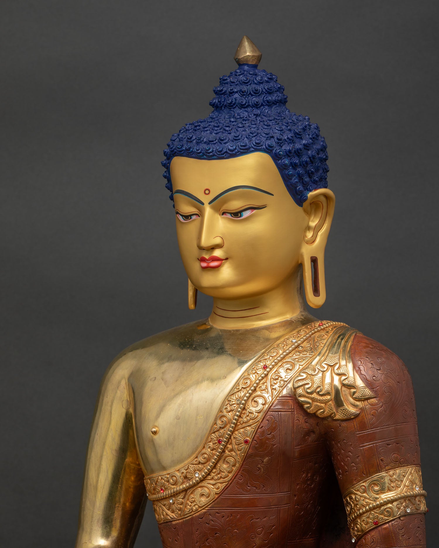 Side close-up detail of Amitabha Buddha Statue, handcrafted gold-gilded copper