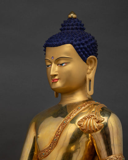 Side close-up detail of Shakyamuni Buddha Statue, handcrafted gold-gilded copper