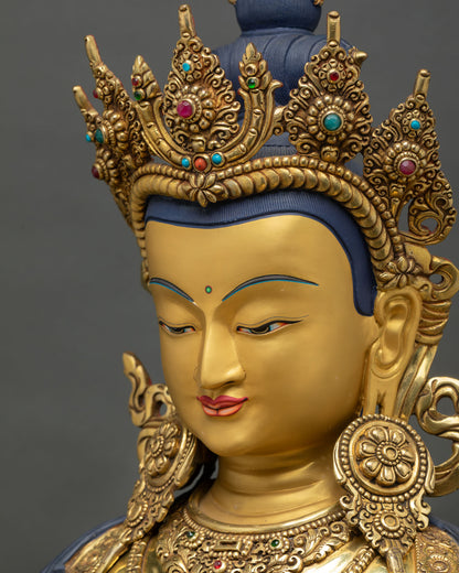 side close up of amitayus statue, intricate carvings, layered ornaments and lotus base craftsmanship
