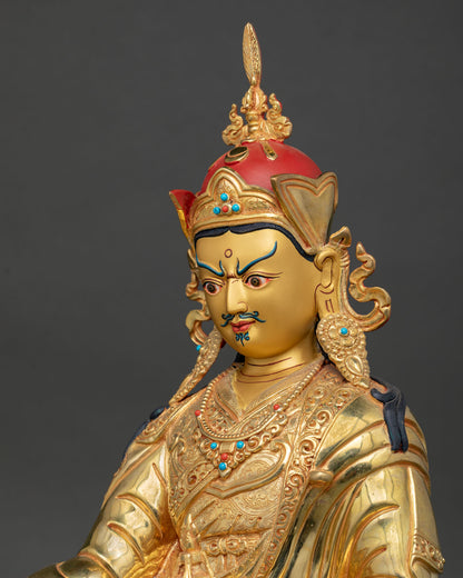 side close up guru rinpoche statue, intricate nepalese copper buddhist art details