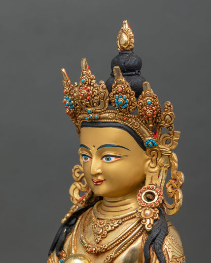 detailed side close-up ksitigarbha statue holding sacred chintamani with floral halo