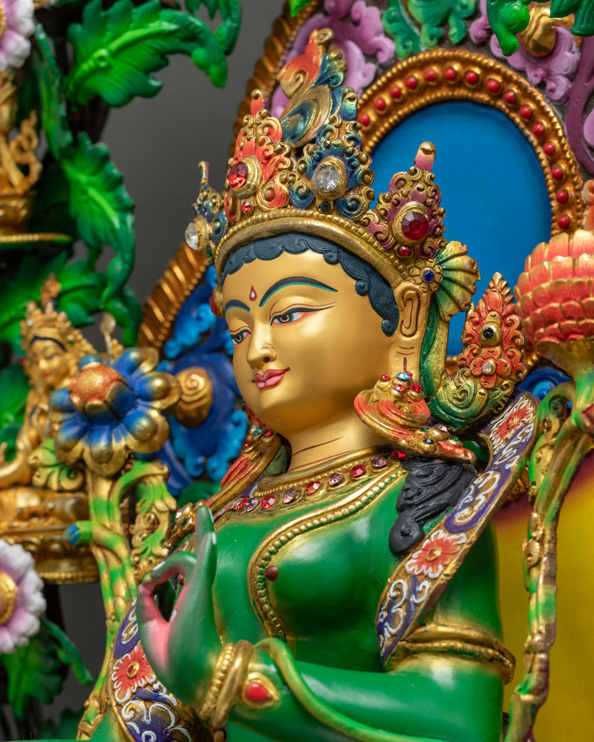 Side Close Up of 21 Tara Statue - Gemstone Inlaid Copper Sculpture Detail