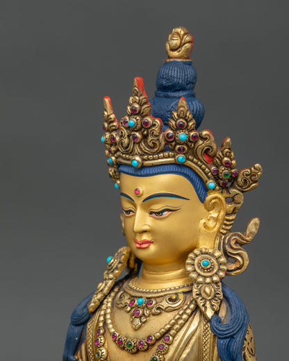 Side close-up of Amitayus statue highlighting dhyana mudra and amrita vase