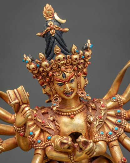 Detailed close up of Chakrasamvara face with three eyes and skull crown, Vajrayana Buddhist statue