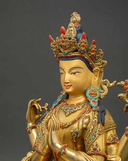 Side close up of Chenrezig statue showing intricate repoussé work, ornaments, and sacred Buddhist craftsmanship