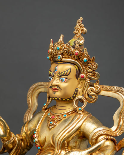 Side Close Up of Fire Gilded Copper Namtoshe Statue, Buddhist Guardian King
