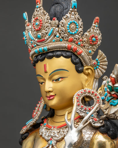 Side close-up of Lokeshvara statue's face, crown, and earring detailing