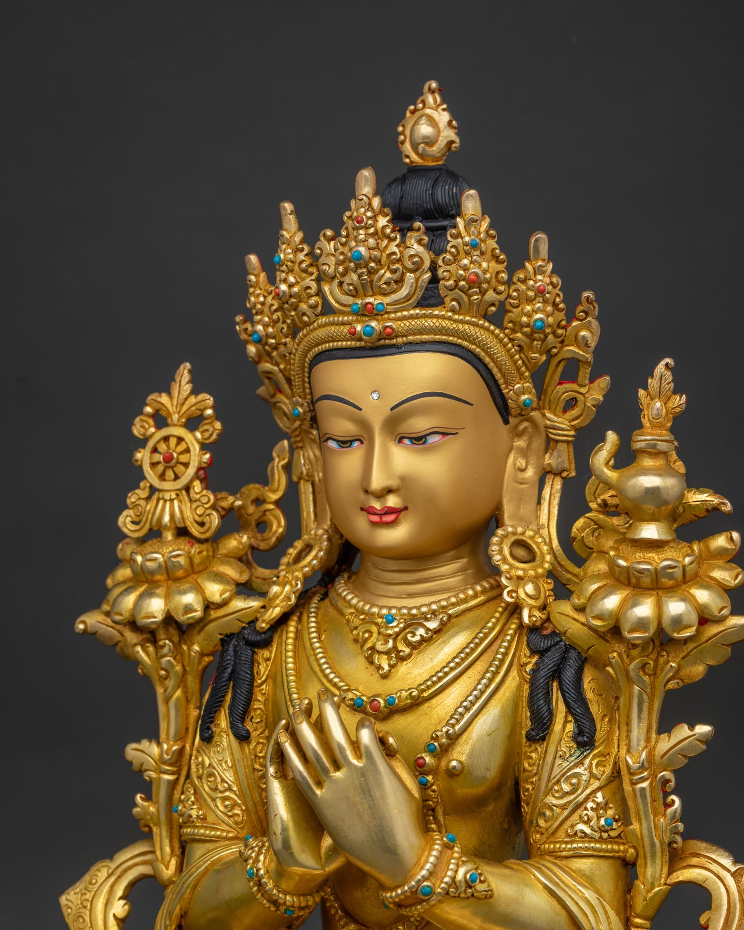 Side close up of Maitreya Buddha Statue highlighting hand-carved copper artistry