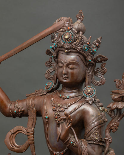 Manjushri Statue Side Face Close-Up – Oxidized Copper Bodhisattva Detail, Nepal