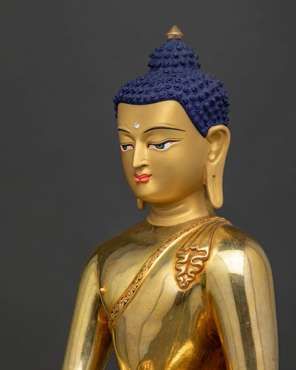 Side close-up of Shakyamuni Buddha, gilded robe draping, lotus throne detailing, Nepali lost-wax casting