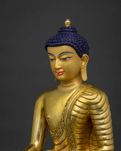 Side close-up of Shakyamuni Buddha statue featuring ornate halo and turquoise gemstone inlay