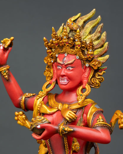 Side close-up Troma Nagmo statue, Nepal copper Buddhist art, skull cup detail