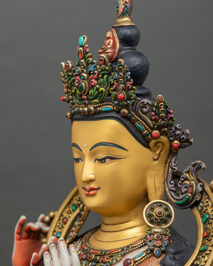 Side detail of Chenrezig statue showing lotus flower, jewelry, and acrylic hand painting