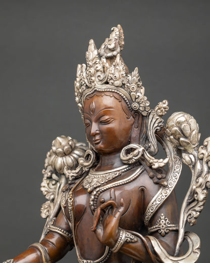 Side detail handcrafted White Tara goddess with lotus pedestal and sacred ornaments