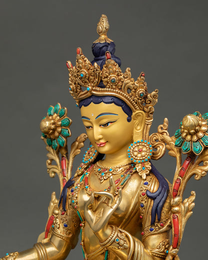 Side detail of Green Tara Statue with gemstone inlays and ornate craftsmanship