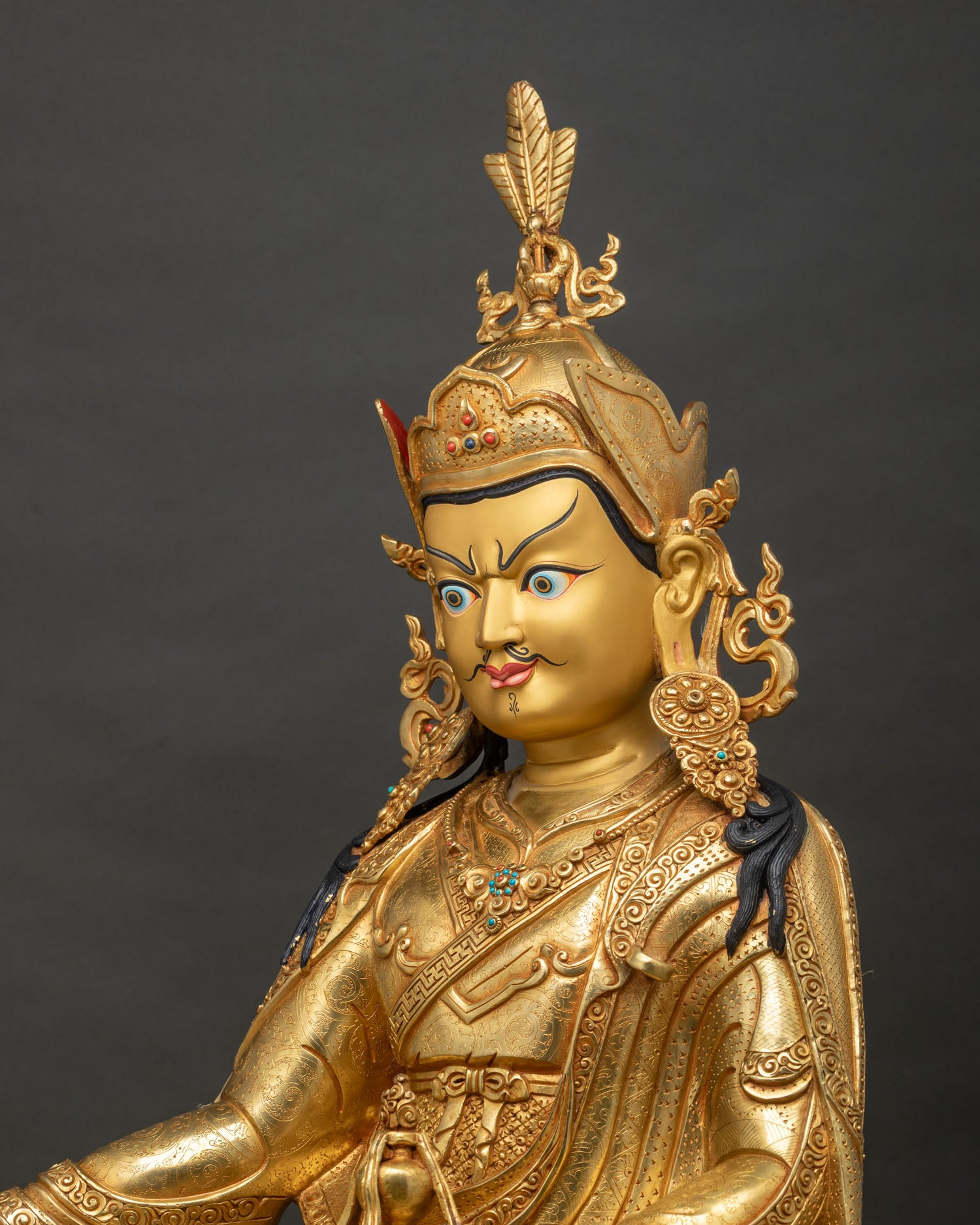 Side Detail of Guru Rinpoche Statue with Khatvanga Trident and Lotus Hat Ornaments