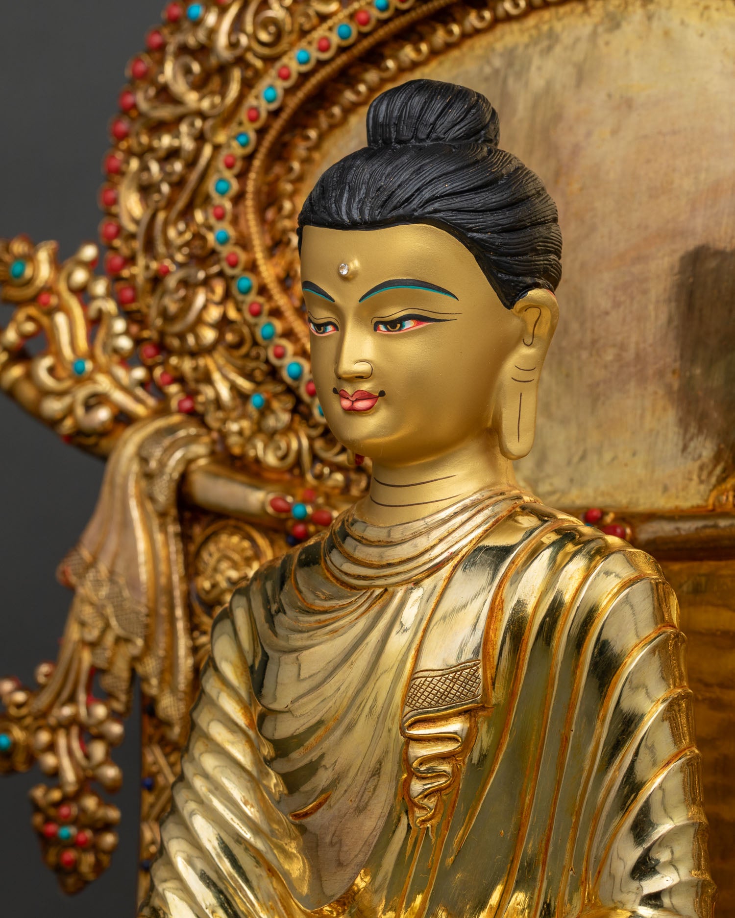 Side Detail of Shakyamuni Buddha Statue Showing Jeweled Throne and 3D Carvings