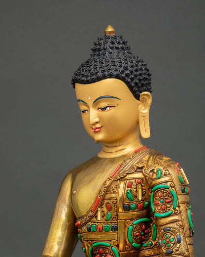 Side Detail View of Shakyamuni Buddha Statue Intricate Robe Carving Copper Art