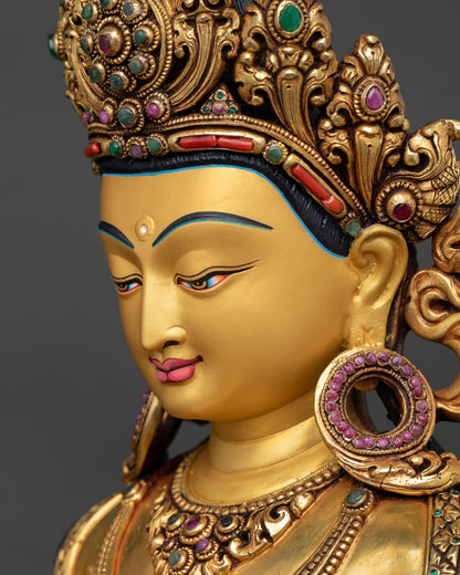 Detailed Side Close Up Face: Side Face Amitayus Buddha Copper Statue Gold Crown Serene Expression