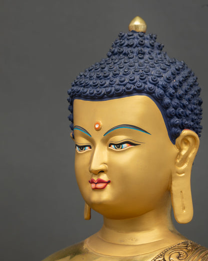 Side face close up Medicine Buddha peaceful expression intricate gold Buddhist art Nepal