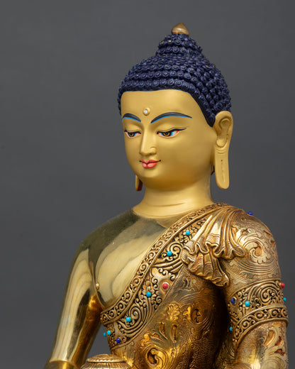 side face close up of Amitabha Buddha sculpture with serene gold painted face