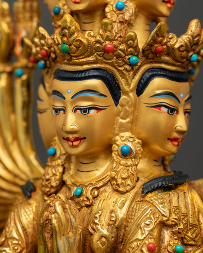Side face close-up of Chenrezig statue showing Amitabha crown and compassionate expression