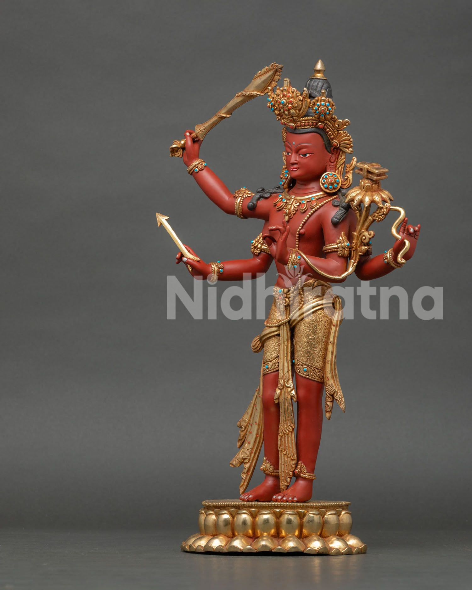 Side profile angle of Four-Armed Maha Manjushri copper statue