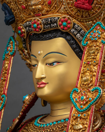 Side profile close up of Jowo Rinpoche's golden face and jeweled crown
