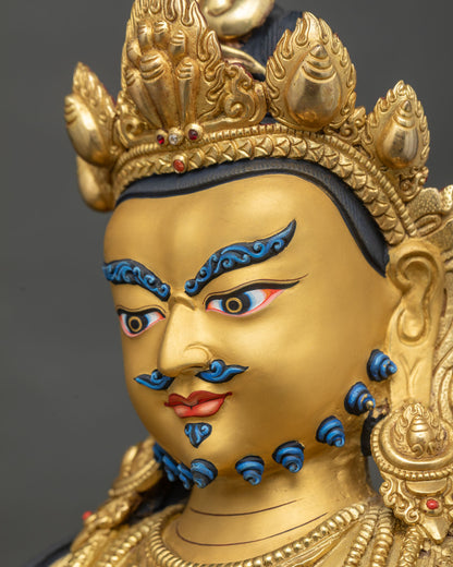 Side profile of Dzambhala statue face with painted eyebrows, mustache and jeweled crown