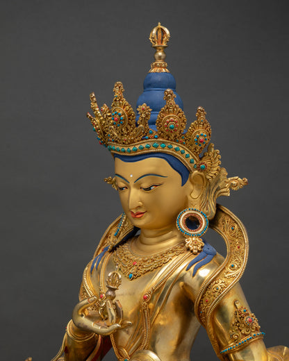 Side profile Vajrasattva statue seated double lotus throne gold fire-gilded copper