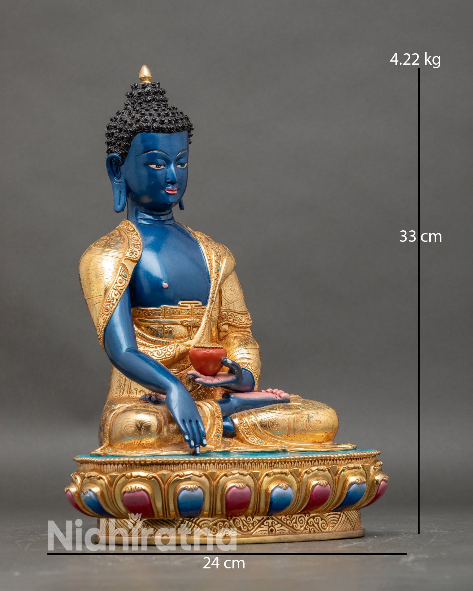 side view of Deep Blue Shakyamuni Buddha statue Bhumisparsha Mudra alms bowl ornate robes semi precious stones