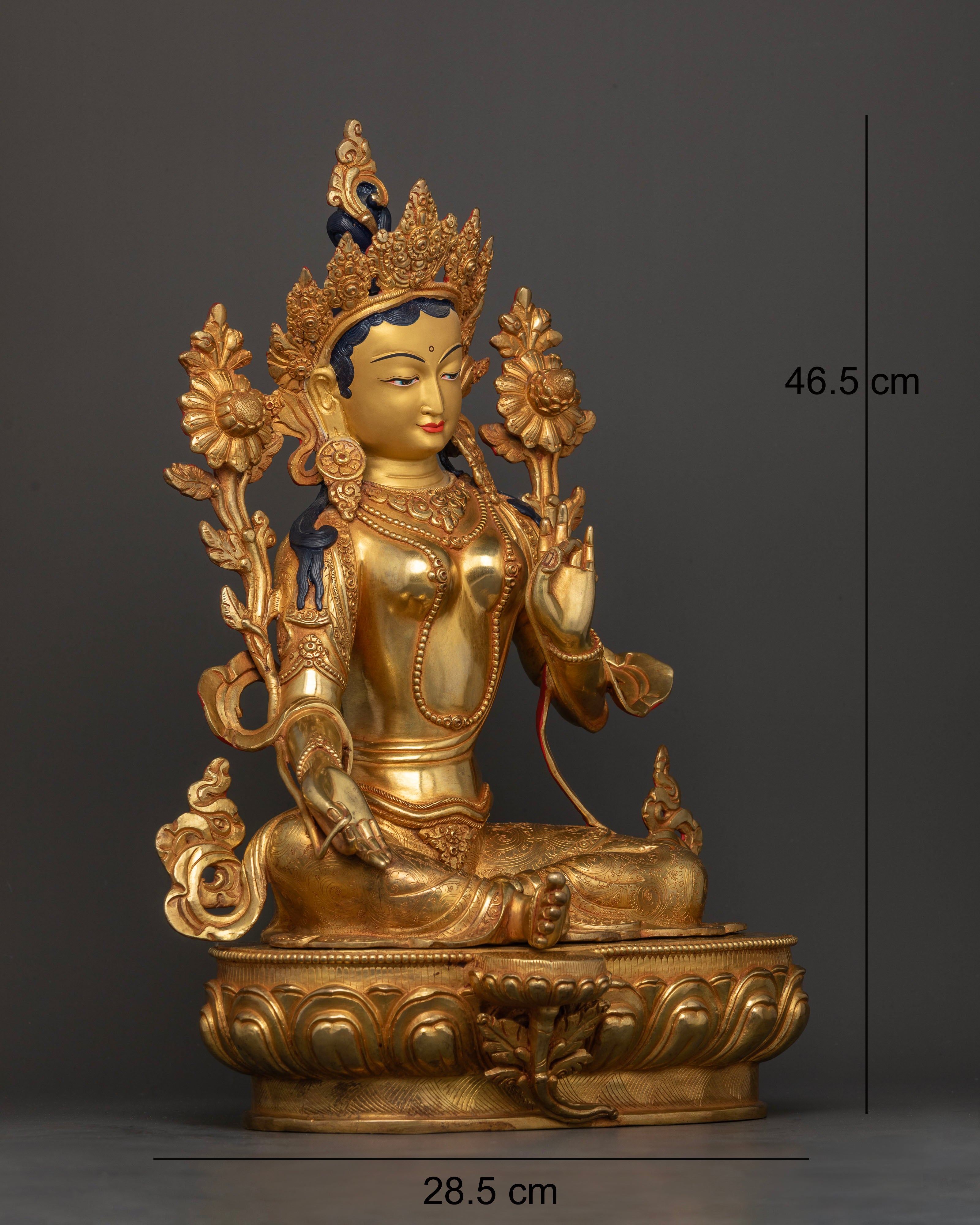 side view Green Tara statue Utpala stem Varada Vitarka mudra lotus pedestal Nepalese Buddhist sculpture