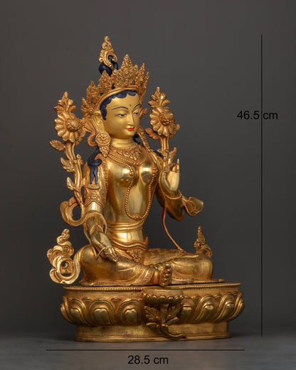 side view Green Tara statue Utpala stem Varada Vitarka mudra lotus pedestal Nepalese Buddhist sculpture