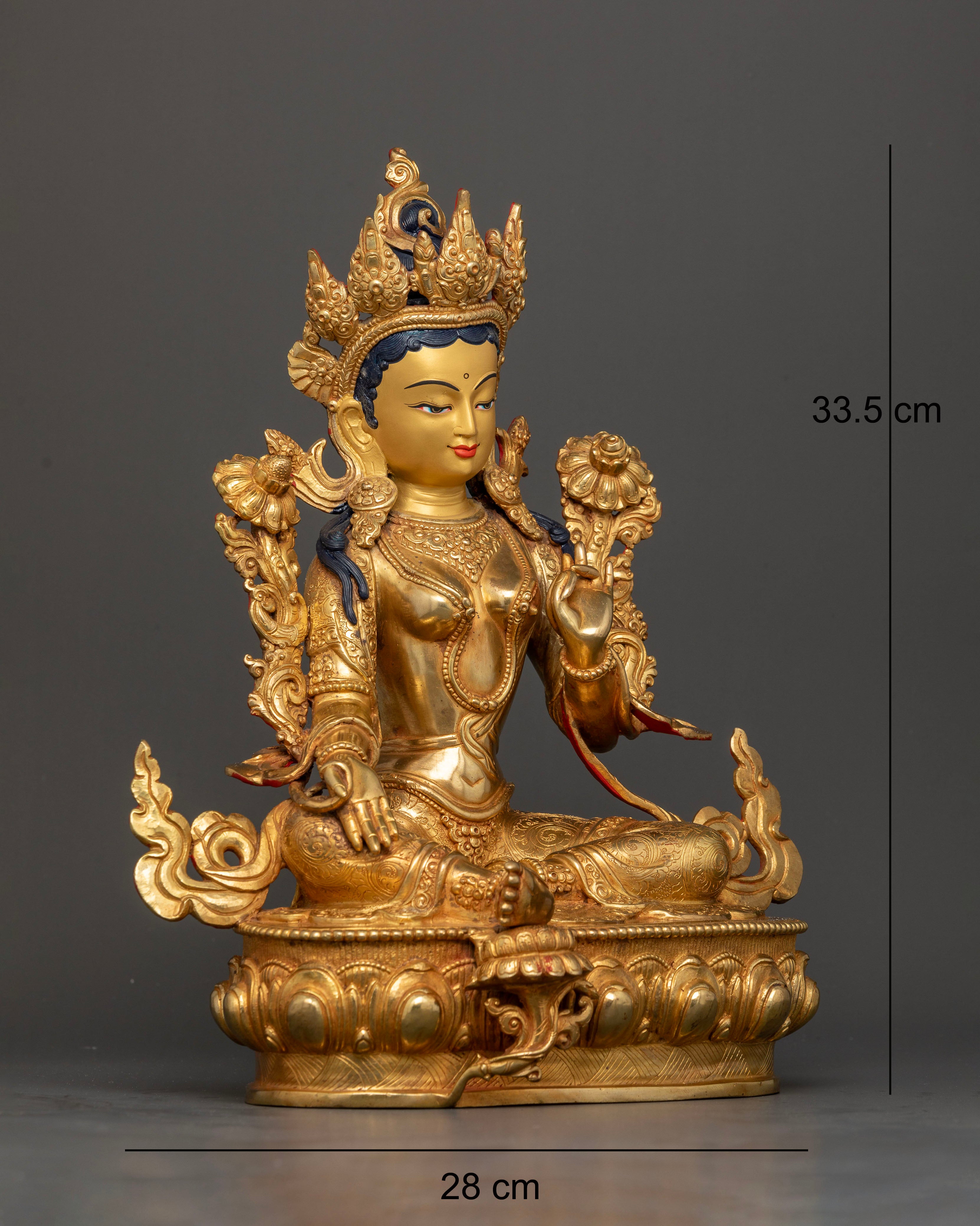 side view Green Tara statue Varada Vitarka mudra lotus pedestal Tibetan Buddhist sacred art