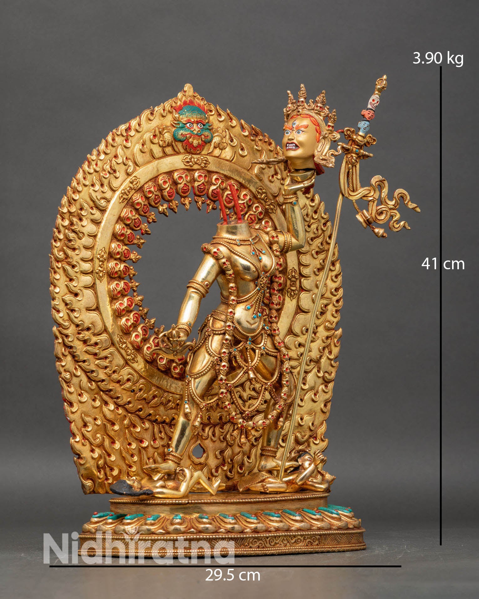side view of Vajrayogini Ucheyema statue five skull crown flaming halo tantric Buddhist sculpture