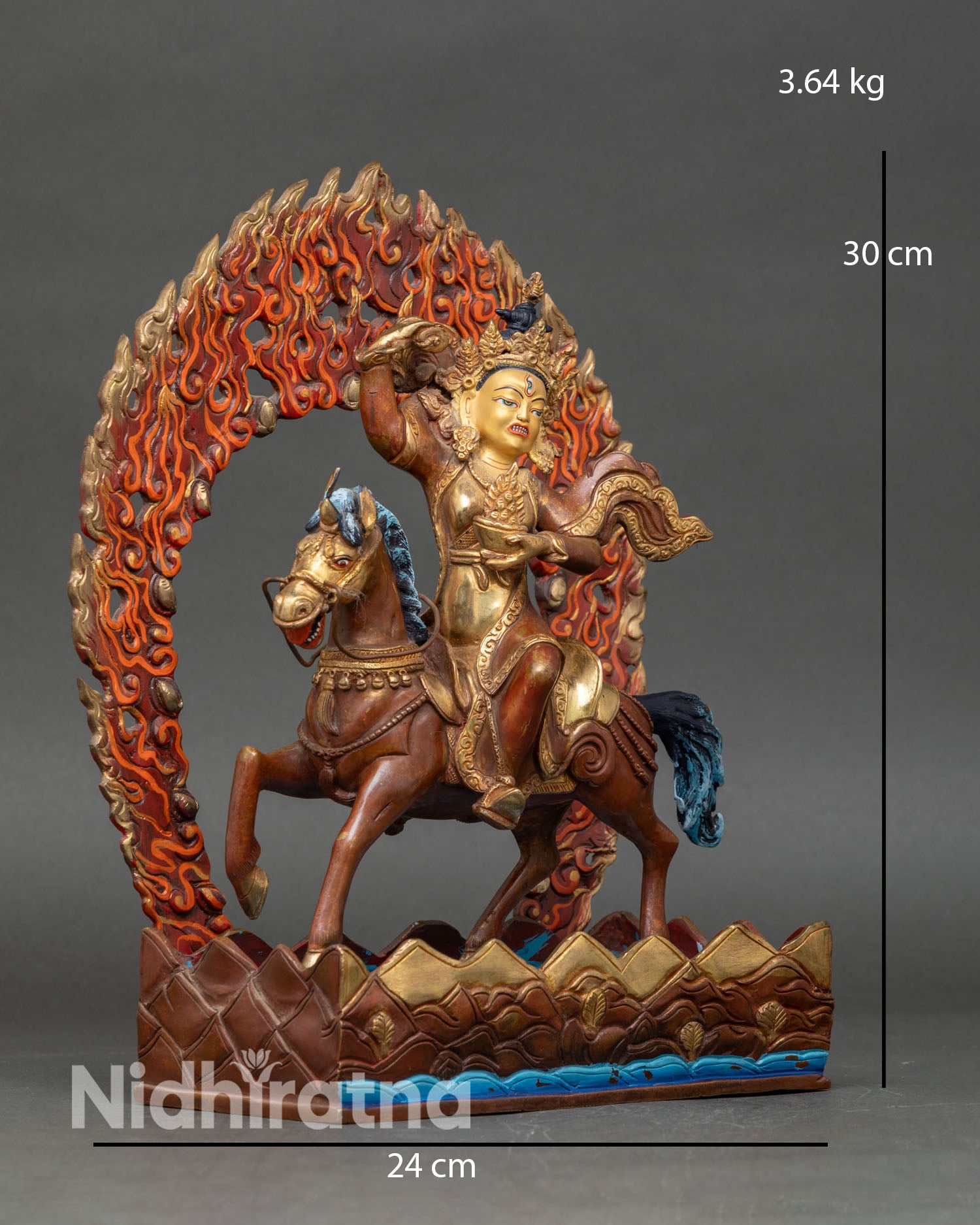 Side view of Achi Tsogyal Drolma horse riding protector deity statue, Tibetan Buddhism handmade, Nepal, gold gilded detailing, flaming halo 