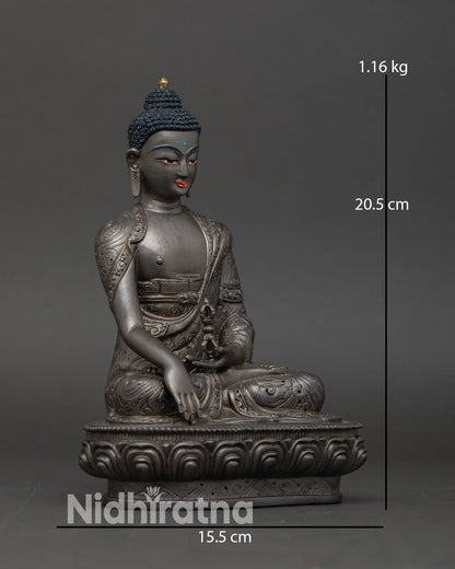 Side view of Mitrugpa Buddha lotus seat earth touching mudra, Nepalese Buddhist art