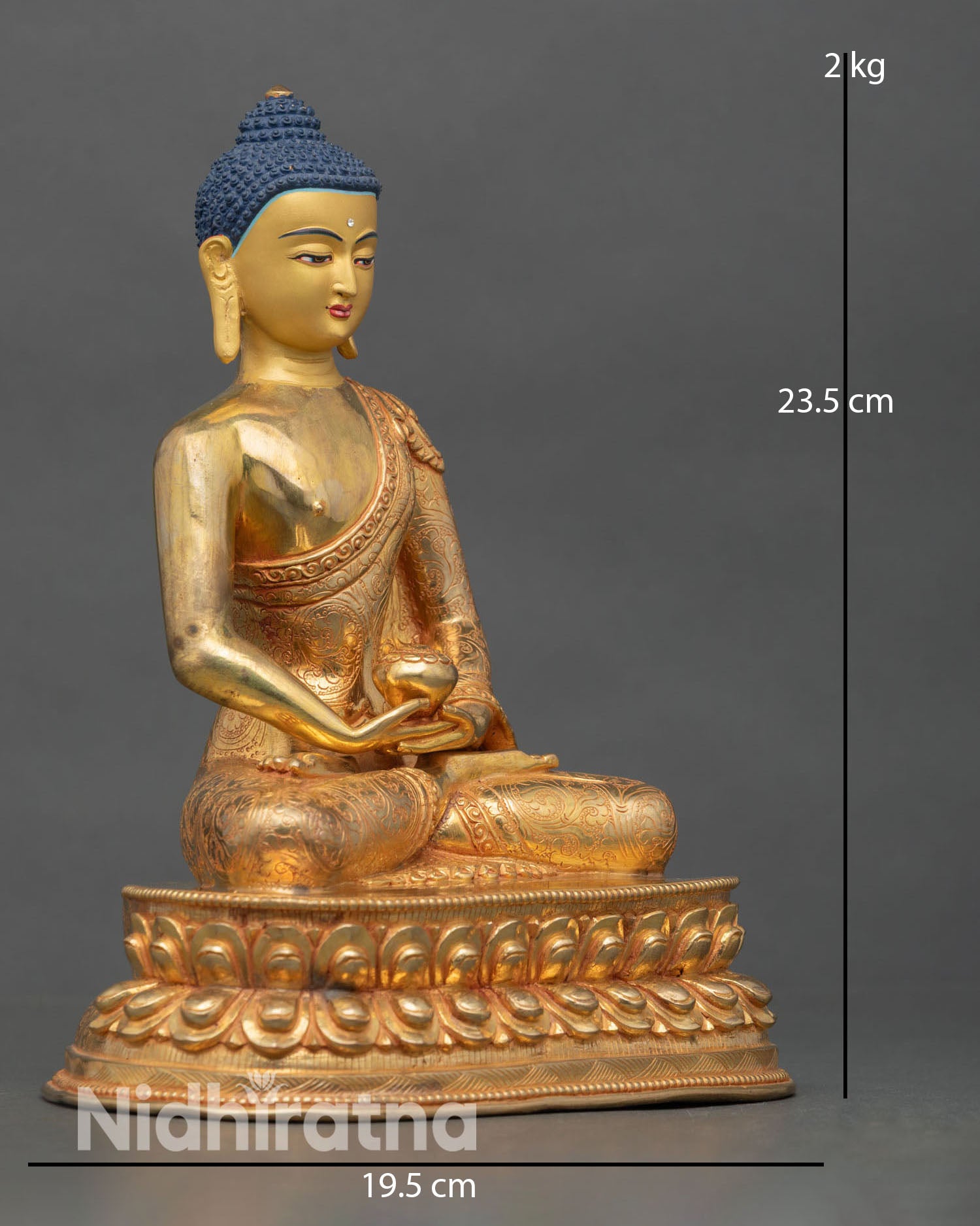 Side view of Amitabha Buddha sculpture double lotus seat, spiritual liberation symbolism Tibetan Buddhist home altar decor