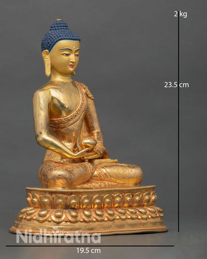 Side view of Amitabha Buddha sculpture double lotus seat, spiritual liberation symbolism Tibetan Buddhist home altar decor
