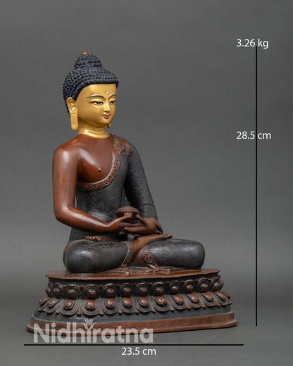 Side view of Amitabha Buddha seated lotus throne oxidized finish copper sculpture Western Pure Land Buddha meditation statue