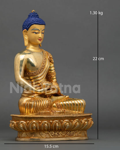 Side view of Amitabha Buddha in a seated meditative posture, flowing robes, copper statue, traditional Nepalese lost wax technique, spiritual altar decor