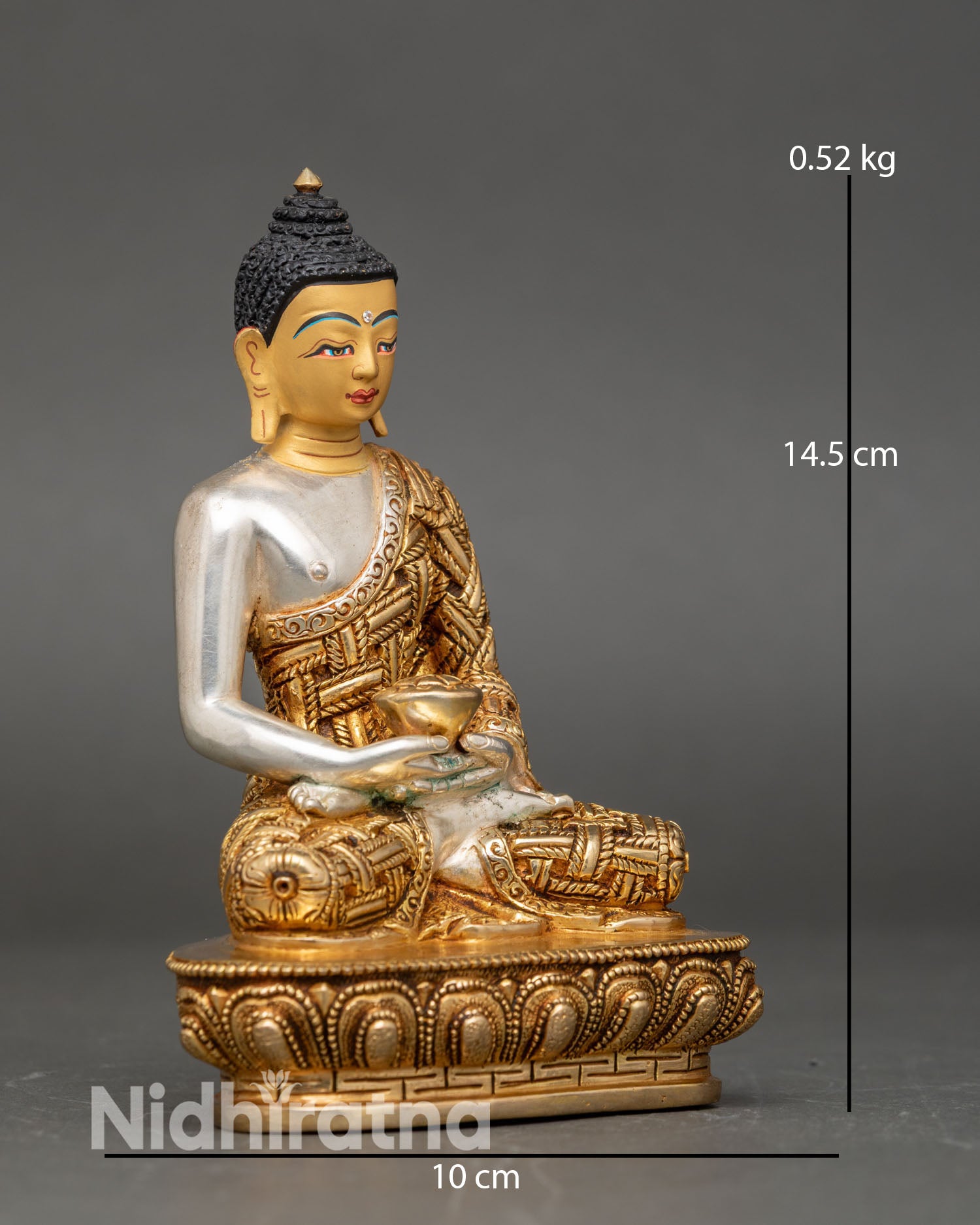Side view Amitabha Buddha silver body gold robes Dhyana Mudra meditation statue