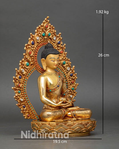 Side view Amitabha Buddha statue holding alms bowl Himalayan art handcrafted Nepal