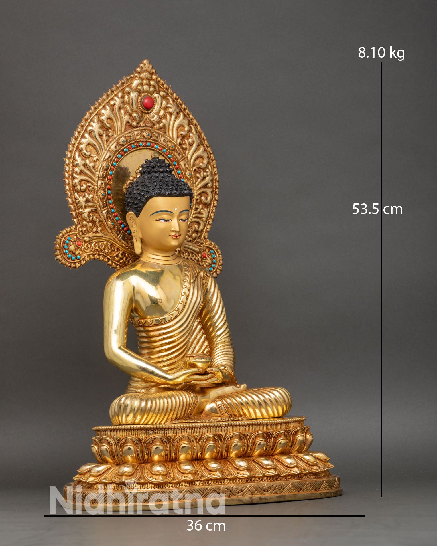 Side view Amitabha Buddha statue lotus base copper handcrafted Patan Nepal